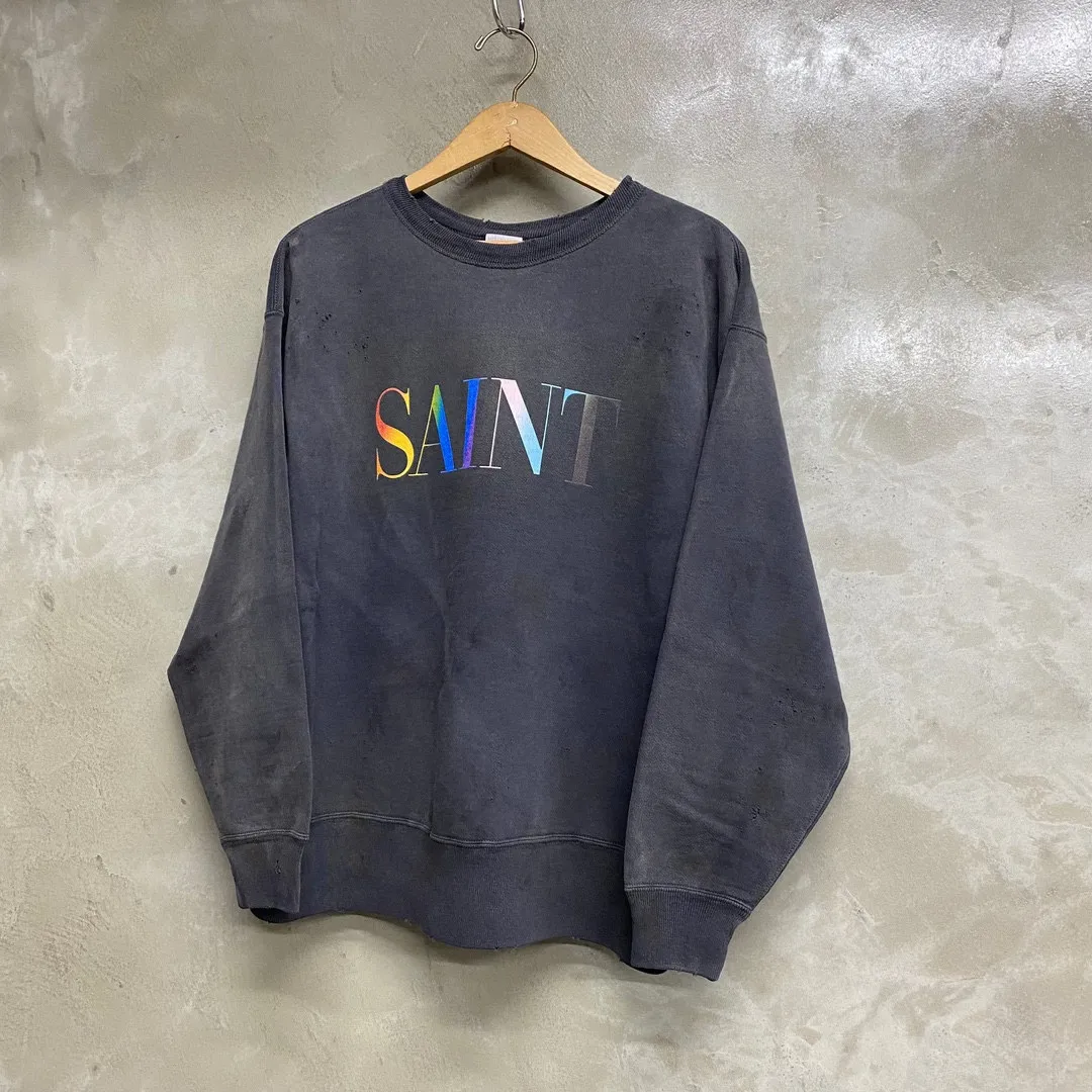 SAINT Mxxxxxx CREW NECK SWT SHIRTS 'RAINBOW SNT'/BLK Rainbow SAINT destruction sweatshirt, washed black S-XL Assute dyeing, genuine whole garment sprayed with horsetail fading process, collar/cuffs frayed in many places, front and rear panels/sleeves super complicated hanging grinding, heavy washing and water discoloration, correct fruit mark/angel mark